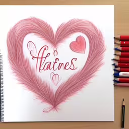 a drawing of heart with some kind of writing inside,an image of valentines day with heart drawing on a white paper,an illustration of pink feathered heart with the word haiches written in large font,a heart with feathers that read havies written in it,a drawing of a heart with the words harces written inside it