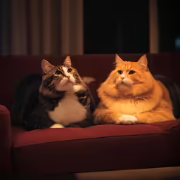 a cat that is sitting on a red couch