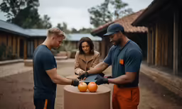 three people are cutting oranges on a post