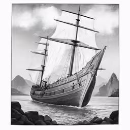 an old boat with two masts sailing through the ocean