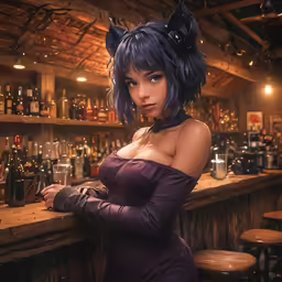 woman in a bar posing with a cat on her head