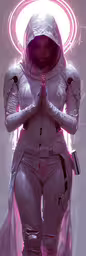 a woman in white suit standing on a stage with lights,the girl in a futuristic suit is holding her hands together