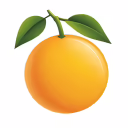 an orange with green leaves on the top of it