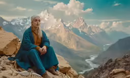 the long haired man with a white beard sits on rocks