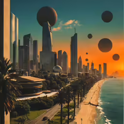 a city that has many balloons floating in the sky