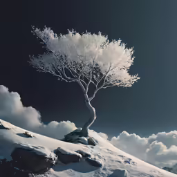 a lone tree stands on a snowy hill