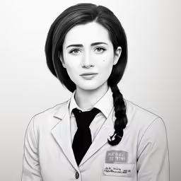 the drawing of a young woman in lab coat