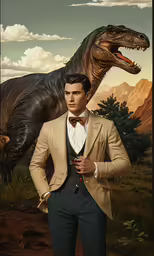 a young man poses next to an dinosaur wearing a bow tie
