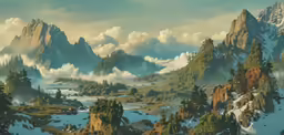 a mountain landscape with a stream and trees