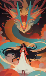 a woman in white clothes standing next to an intricate bird