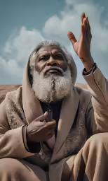 a person sitting on the ground with his hands up