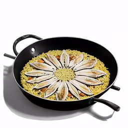 a black skillet filled with some type of food
