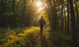 a man in dark jacket walking down trail in forest