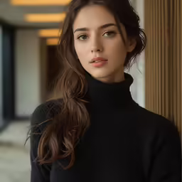 a beautiful young lady wearing a black sweater standing near a column