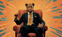 a man is sitting in an orange chair with his hands folded up