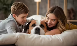 two kids on a bed with a dog
