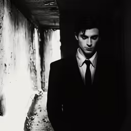 black and white photograph of man in suit walking down a hallway