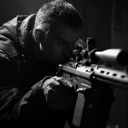 a man in black is adjusting his rifle