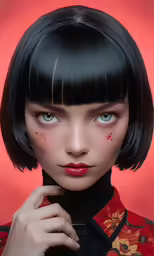 a female with black hair wearing red and orange