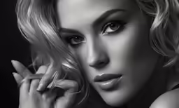 a woman in black and white has her hand on her ear