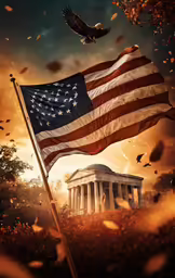 an eagle flying over the american flag on top of a monument