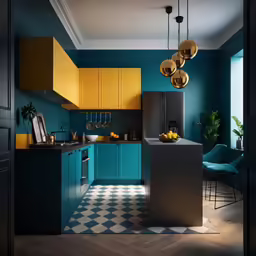 a kitchen with teal walls, a checkered tile floor and a yellow - blue color scheme