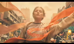 the young lady is wearing a sweatshirt and holding a red scarf