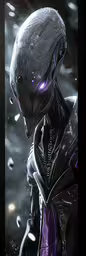 an alien in armor with light eyes, purple hair and dark skin,a photo of an alien in purple and black