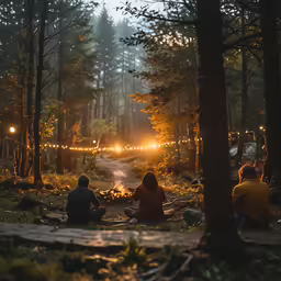 two people sit around a campfire in the woods