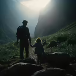 the man is holding hands with a small girl
