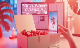 a woman holds up her cell phone near a box filled with red bows