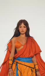 a woman with very long hair in a orange gown