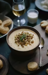 a bowl of cream soup is sitting on a board next to cookies and wine glasses