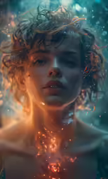 the face and chest of a woman, glowing fire