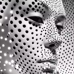 two sculptures of white and black dots are being displayed