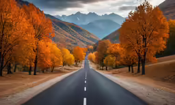 an empty road surrounded by trees with orange and green leaves