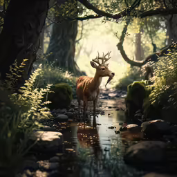 a deer is standing in the middle of a stream
