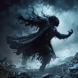 a witch with a feathered hat standing on a pile of rubble