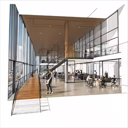 the interior view of an open floor plan with two people