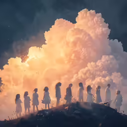 silhouettes of people standing in the shape of a cloud
