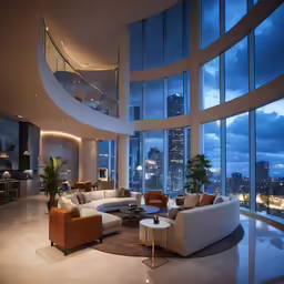 a round room with couches and chairs is shown