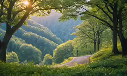 a road surrounded by trees on a lush green hillside