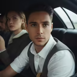a man and woman in their car taking the pictures