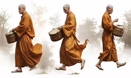 monks in orange robes walking and carrying baskets