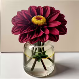 a large purple flower sitting inside a glass vase,a vase with flowers inside sits on the table