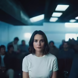 woman in white top and a group of people in room