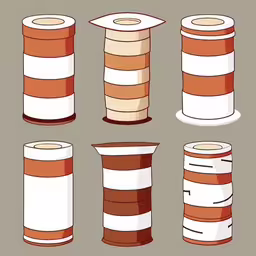 a number of different colored and shaped objects,four different colored paper tapes on top of each other,a set of four different cartoon design stacks,six tall hats are shown next to each other,a set of different types of colorful objects