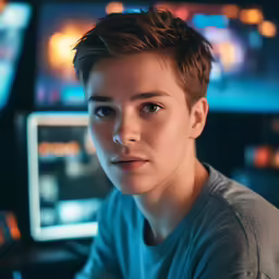 the boy looks serious, very interested, and he is in front of the monitor screen