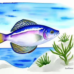 a blue and yellow fish floating over water,a drawing of a fish with yellow tips swimming,watercolor painting of fish in the ocean by a shore line,a small colorful fish swimming in water,a colorful blue and yellow fish in a sea
