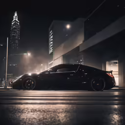 a dark night and fog filled parking lot with a black vehicle